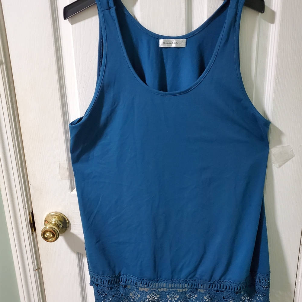 Susan Graver Teal Tank Top‎ with Lace Hem
